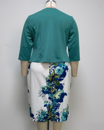 Floral Print White Short Sleeves O-Neck Dress and Green Coat 2PCS Set