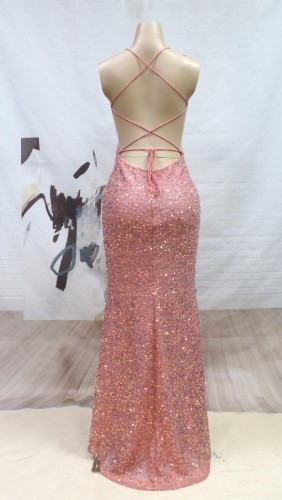 Pink Sequins Cami Sleeveless Backless Slit Maxi Dress