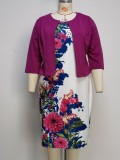 Floral Print White Short Sleeves O-Neck Dress and Purple Coat 2PCS Set