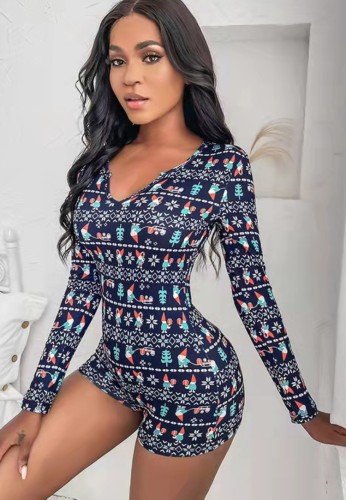 Christmas Print Blue Long Sleeves Bodycon Rompers