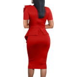 Red Short Sleeve Bow Tie Neck Peplum Dress