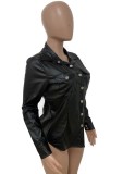 Black Pu Leather Pocket Button Open Long Sleeve Blouse