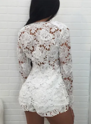 White Lace Translucent Long Sleeve Cardigan and Shorts 2PCS Set