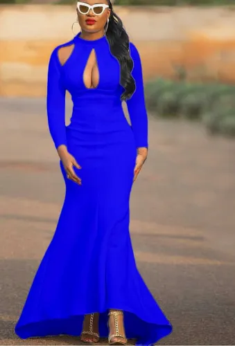 Blue Keyhole Long Sleeves Mermaid Long Evening Dress