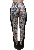 Printed High Waist Side Tassels Fitted Pants