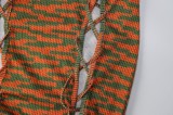 Green and Orange Knitted Cami Crop Top and Lace Up Skirt with Capelet Top 3PCS Set
