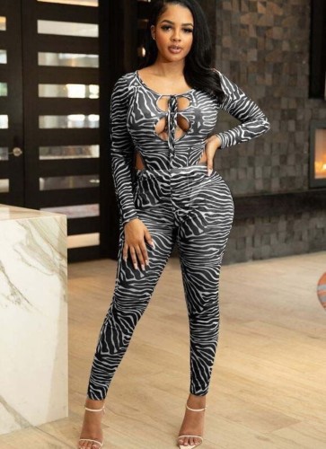 Zebra Print Black Keyhole High Cut Bodysuit and Pants 2PCS Set