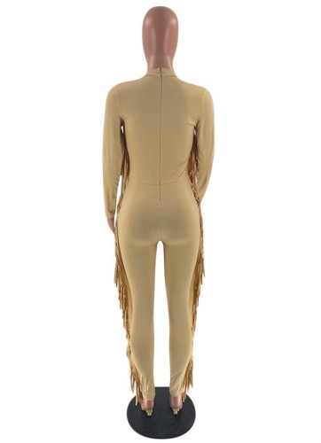 Khaki Fringe Midi Neck Long Sleeve Jumpsuit