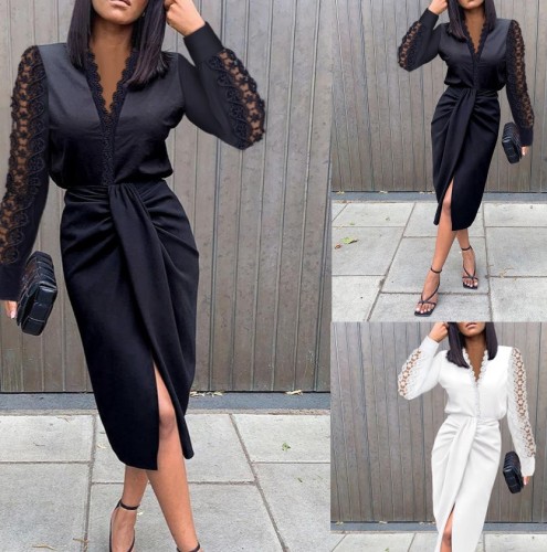 Black Lace V-Neck Collar Long Sleeve Slit Long Dress