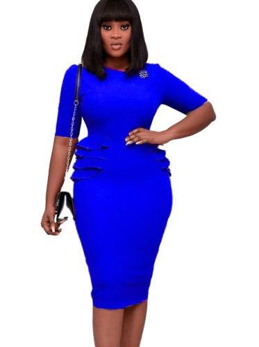 Elegant Blue Half Sleeves O-Neck Ruffle Midi Office Dress