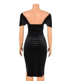 Black Velvet Off Shoulder Short Sleeve Slit Irregular Dress