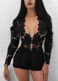 Black Lace Translucent Long Sleeve Cardigan and Shorts 2PCS Set