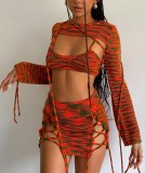 Green and Orange Knitted Cami Crop Top and Lace Up Skirt with Capelet Top 3PCS Set