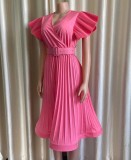 Plus Size Pink V-Neck Ruffled Short Sleeve Pleated Midi Dress with Belt