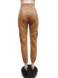 Brown Leather Zipper Up High Waist Pants with Pocket