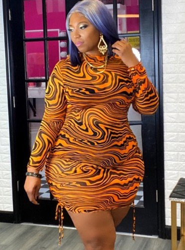 Plus Size Wavy Stripes Print Orange High Neck Long Sleeve Ruffles Mini Dress