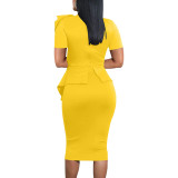 Yellow Short Sleeve Bow Tie Neck Peplum Dress