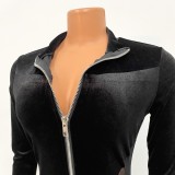 Black Zipper Up High Collar Long Sleeve Bodycon Jumpsuit