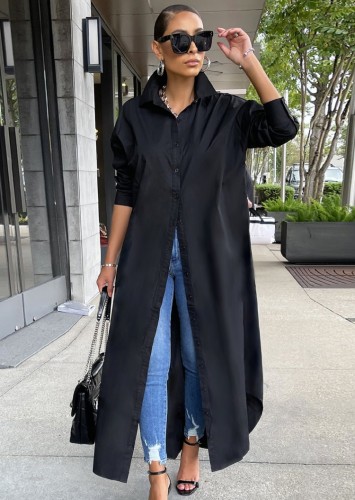Black Button Turndown Collar Long Sleeve Long Blouse Dress