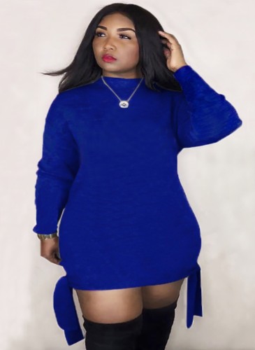 Plus Size Blue O-Neck Size Tied Long Sleeve Mini Sweatshirt Dress