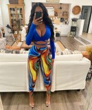Blue V-Neck Long Sleeve Crop Top and Printed High Waist Fitted Pants 2PCS Set