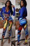 Blue V-Neck Long Sleeve Crop Top and Printed High Waist Fitted Pants 2PCS Set