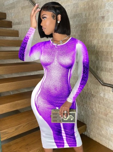Purple Print Long Sleeves O-Neck Long Dress