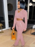 Pink Zip Up Long Sleeve Hoody Crop Top and Pants 2PCS Tracksuit