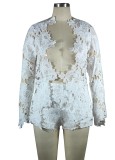 White Lace Translucent Long Sleeve Cardigan and Shorts 2PCS Set