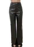 Black Pu Leather Loose Pant with Pocket