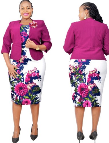 Floral Print White Short Sleeves O-Neck Dress and Purple Coat 2PCS Set