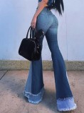 Blue Patch High Waist Tassel Trendy Flare Jeans