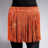 Orange Bling Bling Rhinestone Fringe Tassels Chains Mini Skirt