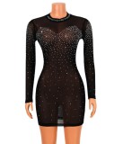 Rhinestone Black High Collar Long Sleeve Sheath Mini Dress