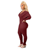 Coffee Deep-V Ribbed Sexy Long Sleeve Jumpsuit
