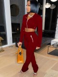 Red Zip Up Long Sleeve Hoody Crop Top and Pants 2PCS Tracksuit