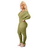Coffee Deep-V Ribbed Sexy Long Sleeve Jumpsuit