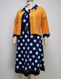 Polka Print Blue Short Sleeves O-Neck Dress and Yellow Coat 2PCS Set