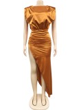 Lt-Brown Sleeveless Pad Shoulder Ruched Split Irregular Long Dress