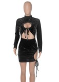 Black Velvet Midi Neck Drawstring Keyhole Long Sleeve Mini Dress