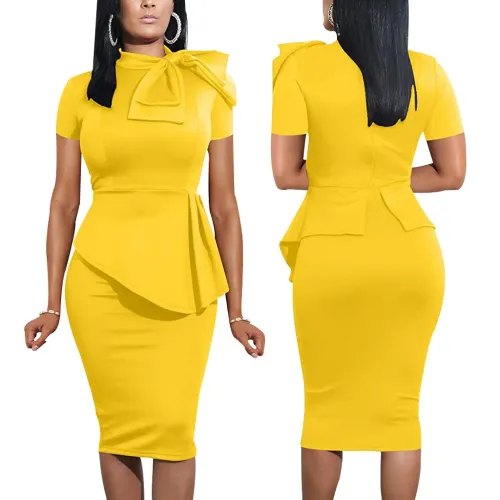 Yellow Short Sleeve Bow Tie Neck Peplum Dress