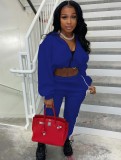 Blue Zip Up Puffed Long Sleeve Crop Top And Piping Pant 2PCS Set