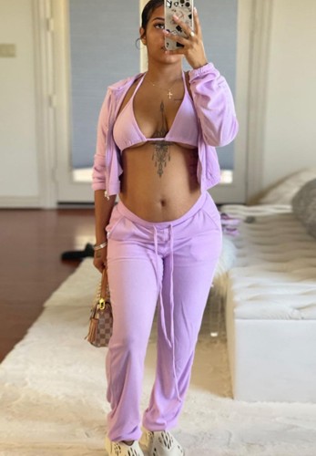 Purple Zipper Hoody Top and Triangle Bra with Pants 3PCS Sweatsuits
