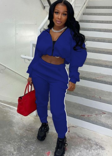 Blue Zip Up Puffed Long Sleeve Crop Top And Piping Pant 2PCS Set