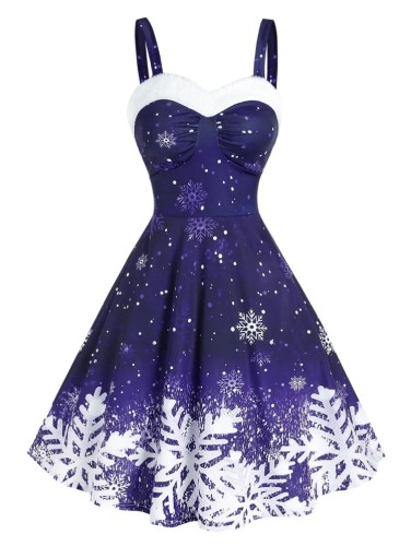 Christmas Print Purple Wide Cami Sweetheart Collar Dress