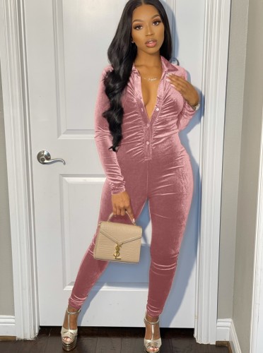 Pink Velvet Button Open Long Sleeve Turndown Collar Jumpsuit