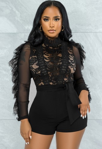 Black Lace Patch Tassel Long Sleeves Rompers with Belt