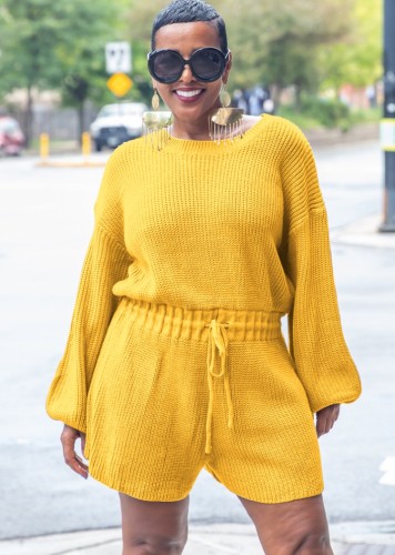 Yellow Drawstring Long Sleeve Drop Shoulder Sweater Romper