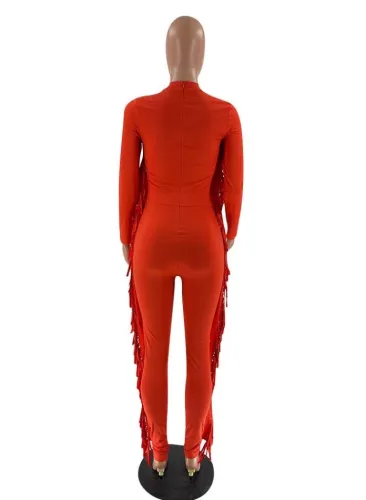 Orange Fringe Midi Neck Long Sleeve Jumpsuit
