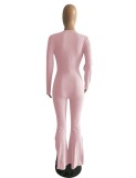 Pink Deep-V Button Up Long Sleeves Split Jumpsuit